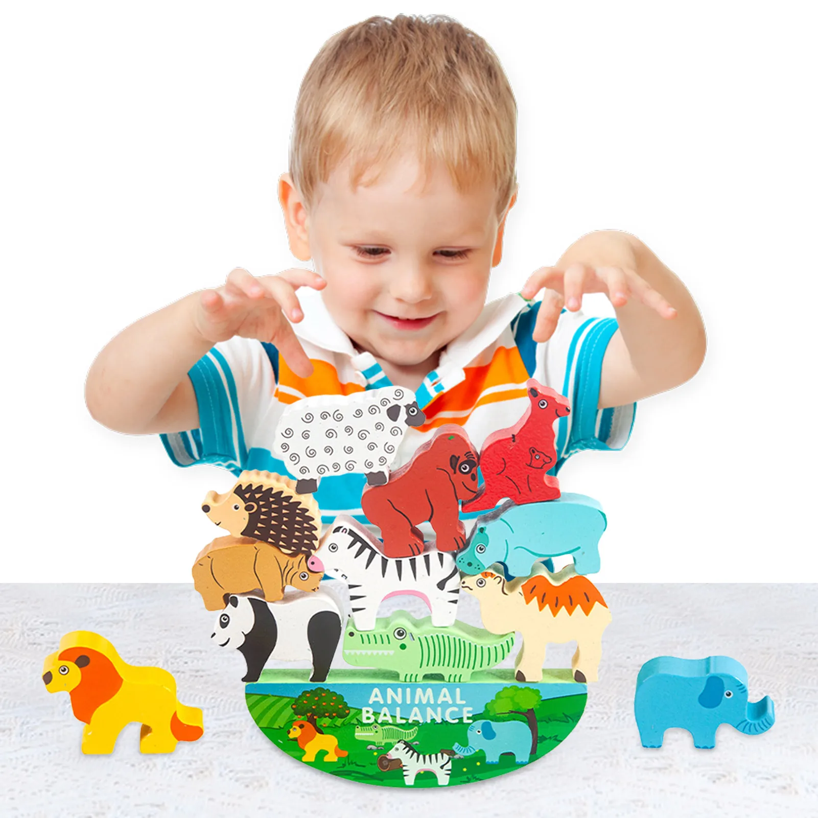 Children Montessori Wooden Animal Balance Blocks Board Games Toy Multicolor - £16.45 GBP+
