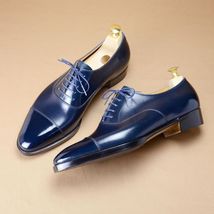 Handmade Leather Oxford Navy Blue Color Cap Toe Formal Dress Shoes For M... - $159.00