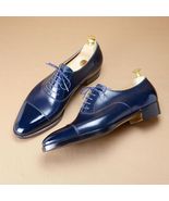 Handmade Leather Oxford Navy Blue Color Cap Toe Formal Dress Shoes For M... - £125.62 GBP