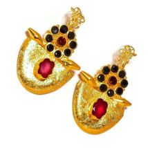 Black Onyx, Ruby Quartz Gems Gold Plated Hand Crafted Carving Dangle Earrings - £17.50 GBP