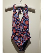 Loft Beach sz 2 Tie Neck Halter Lightly Padded Blue Red Floral 1 Piece S... - $496.60 MXN