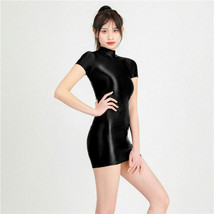 M-XL Damen Wetlook Satin Mini-Kleid Stretch Glanz Silky Partykleid Shirt Bodycon - £15.61 GBP+