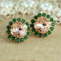 0.90 Ct Cushion Morganite Halo W/ Emerald Stud Womens Earring 14K Rose Gold Over - $103.35