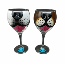Dog Wine Glass Hand Painted Set of 2 White &amp; Brown Dog Face Muzzle 16oz Novelty - £31.59 GBP
