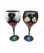 Dog Wine Glass Hand Painted Set of 2 White &amp; Brown Dog Face Muzzle 16oz ... - £31.45 GBP