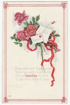 Vintage Postcard Valentine Pink Roses Letter Red Ribbon Verse Embossed - £6.22 GBP