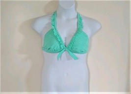 Xhilaration Women&#39;s Adjustable Ties Ruffle Trim Striped Green Swim Top Size D/DD - £11.98 GBP