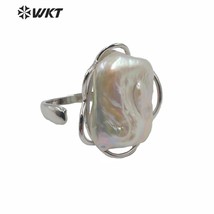 WT-R354 Woman Fashion natural baroque pearl ring square pearl with gold electrop - £52.68 GBP