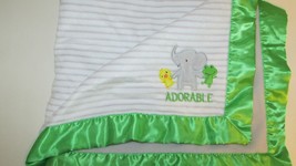 Carters Just One you gray stripe Baby Blanket green satin ADORABLE eleph... - $18.70