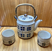 Vintage Otagiri Japan Blue White Brown Tea Pot and 2 Tea Cups Set Rattan Handle - $28.00