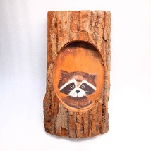 Vintage Raccoon painting Wood Art Rustic tree Log handmade Hanging Wall decor - £21.58 GBP