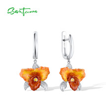 925 Sterling Silver Earrings For Women White CZ Orange Flower Drop Earrings brin - £55.80 GBP