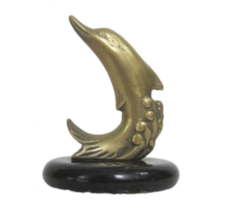 Leaping Dolphin Paperweight mini figurine brass black marble base vintage 3.5&quot; - £15.49 GBP