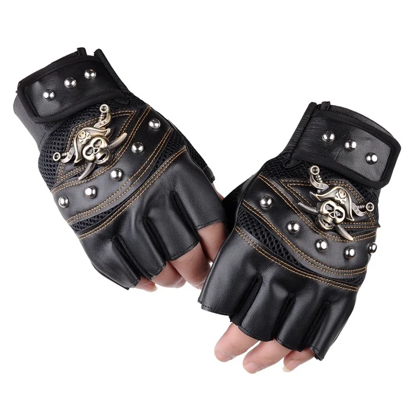 New Style 3 Colors Skulls Rivet PU Leather Fingerless Gloves Men Women Fashion - £10.89 GBP