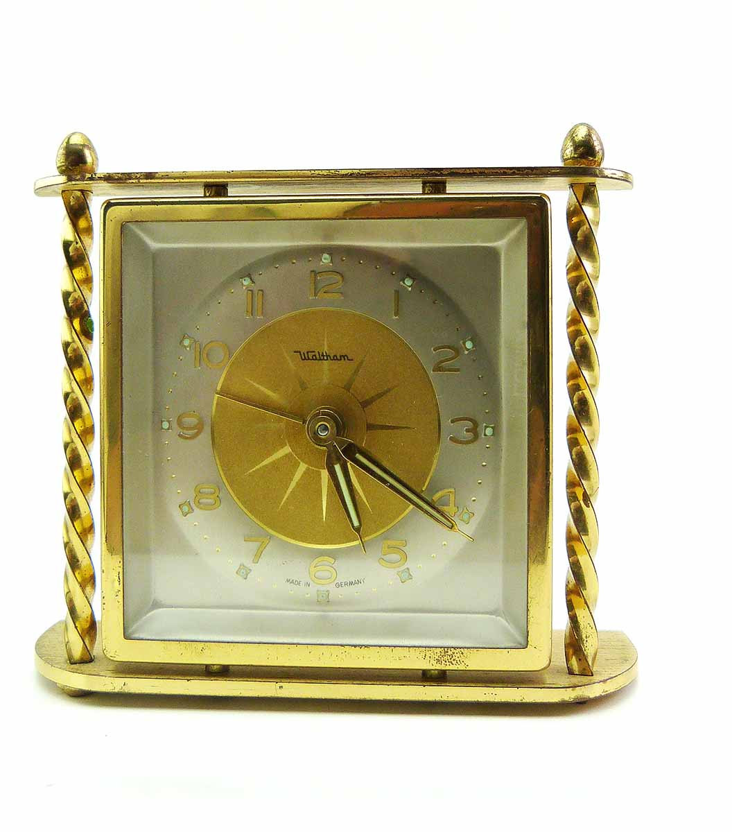 Waltham Small Mantel or Desk Brass Alarm Clock Made in Germany Mid Century Twist - $33.00