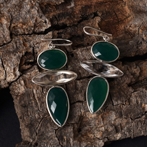 925 Silver Adventuring Green Onyx &amp; White Crystal Dangle Drop Earrings - £160.05 GBP