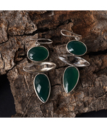 925 Silver Adventuring Green Onyx &amp; White Crystal Dangle Drop Earrings - £156.59 GBP