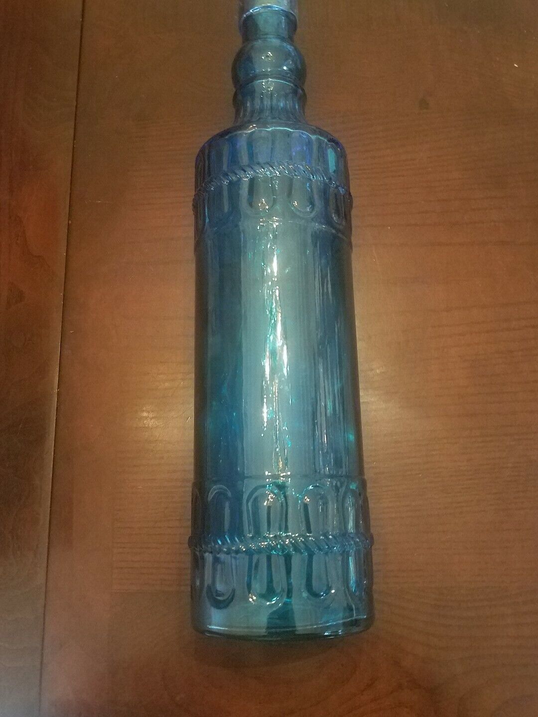 One 12.25" Tall Glass Bottle w/Cork in Capri Blue - Raised Design - $29.58