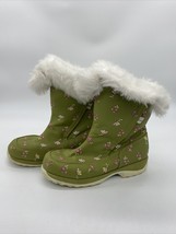Land’s End Womens Snow Rain Boots Size 6M Faux Fur Trim Green W/Flowers - £16.17 GBP