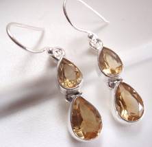 Faceted Citrine Double Gem Teardrop 925 Sterling Silver Dangle Earrings - £17.48 GBP