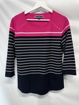 Karen Scott Sport Black Pink White Striped Knit Top Blouse 3/4 Sleeve S - £14.71 GBP