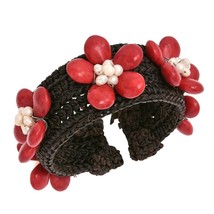 Cotton Rope Lavish Red Coral &amp; Pearls Stone Flower Cuff - £11.62 GBP