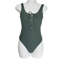 Xhilaration Womens Olive Green Ribbed Lace Up Scoop Neck One Piece Swimsuit Sz S - £19.88 GBP