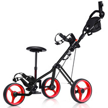 3 Wheel Push Pull Golf Trolley Outdoor Club Cart Foldable w/ Scoreboard Bag Red - £128.62 GBP