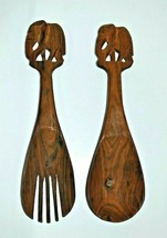 Vtg African Hand Carved Wooden Spoon &amp; Fork Elephant Set Rustic Folk Art 12&quot; - £46.85 GBP