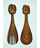 Vtg African Hand Carved Wooden Spoon &amp; Fork Elephant Set Rustic Folk Art... - $81.33 CAD
