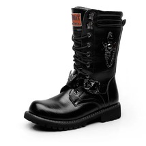 Brand Army Boots Men Chain Military Mens Boots Skull Metal Buckle Lace Up Male M - £76.24 GBP