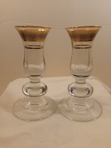 Set of 2 Vintage Gold Rimmed &amp; Intricate Etched Pattern Glass Candlestic... - £22.13 GBP