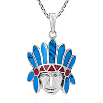 Native American Style Turquoise &amp; Coral Inlay Sterling Silver Necklace - $17.32