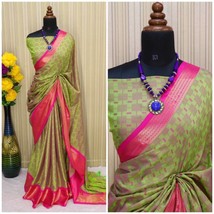 women&#39;s Cotton Silk Saree with unstiched blouse green blue brown grey - £35.84 GBP