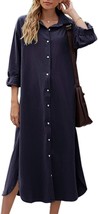 Sopliagon Women&#39;s Navy Blue Shirt Dress / Casual Loose Maxi Dress - Size... - £15.44 GBP