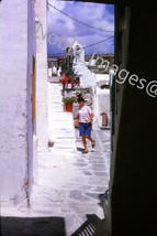 1966 Greece Mykonos Cobblestone Street View Young Family Kodachrome 35mm Slide - £3.05 GBP