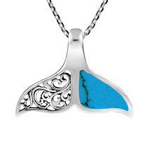 Elegant Sterling Silver Whale Tail with Blue Turquoise Inlay Necklace - £12.44 GBP