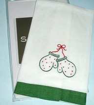 Sferra Mittens Holiday Guest Towel SET/2 Pure Linen Red/Emerald Embroidery New - £21.94 GBP