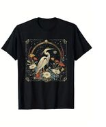 2x New Black Tee Top with White Crane 100% Cotton Womens Bird Flowers T-... - $19.49
