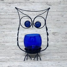 VTG BLACK Metal Owl Votive Candleholder Cobalt Blue Glass Cup &amp; Marble Eyes 7&quot;H - £27.83 GBP