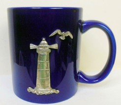 Vintage Cobalt Blue Mug with Pewter Lighthouse Heavy 3.75 Inches - £12.86 GBP