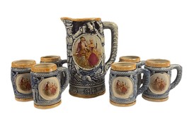 Vintage Blue Ceramic Pitcher with 6 Matching Mugs Featuring A Victorian ... - £48.06 GBP