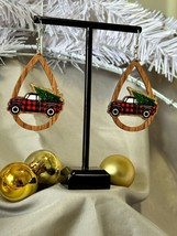 Retro truck Christmas plaid hoop Earrings. lightweight, wood, great gift idea - £4.70 GBP