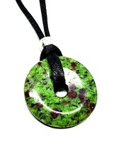 Ruby Zoisite Donut Pendant 30mm Anyolite Beaded Cord Necklace Grounding &amp; Bag - £21.81 GBP