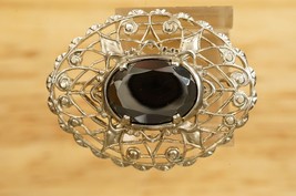 Vintage Costume Jewelry Brooch Faceted Hematite Silver Tone Filigree Brooch Pin - £13.95 GBP