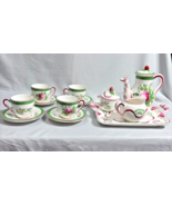 Hand painted France 14 pc tea set white green roses tea pot - $224.99
