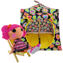 Black Toy Pop Up Doll, Stuffed Animal Tent, 2 Sleeping Bags, Heart Print Fabric - £19.71 GBP