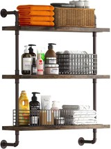 Helsin 3 Tier Industrial Pipe Shelf Rustic Wood Floating Shelves, Bookshelf For - £72.46 GBP