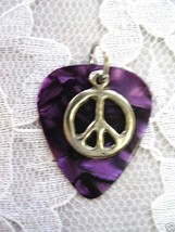 Hippie Purple Guitar Pick &amp; Pewter Peace Sign Charm Pendant Adj Cord Necklace - £3.95 GBP