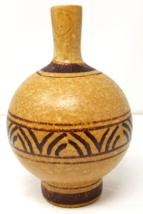 Gourd Form Pottery Vase Hand Painted Geometric Bulbous Cream Brown Imper... - $28.45